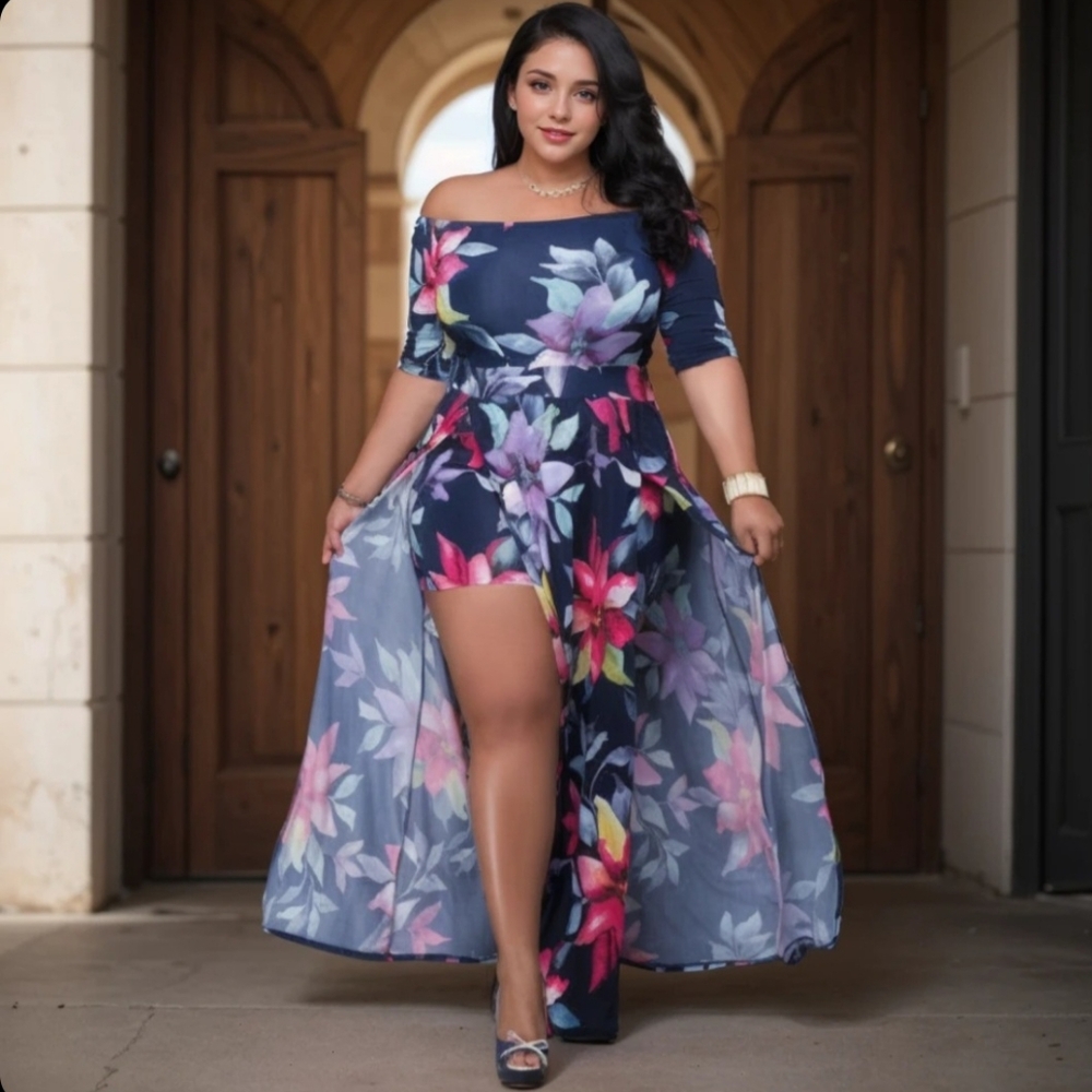 Blue floral short set jumpsuit dress 3xl